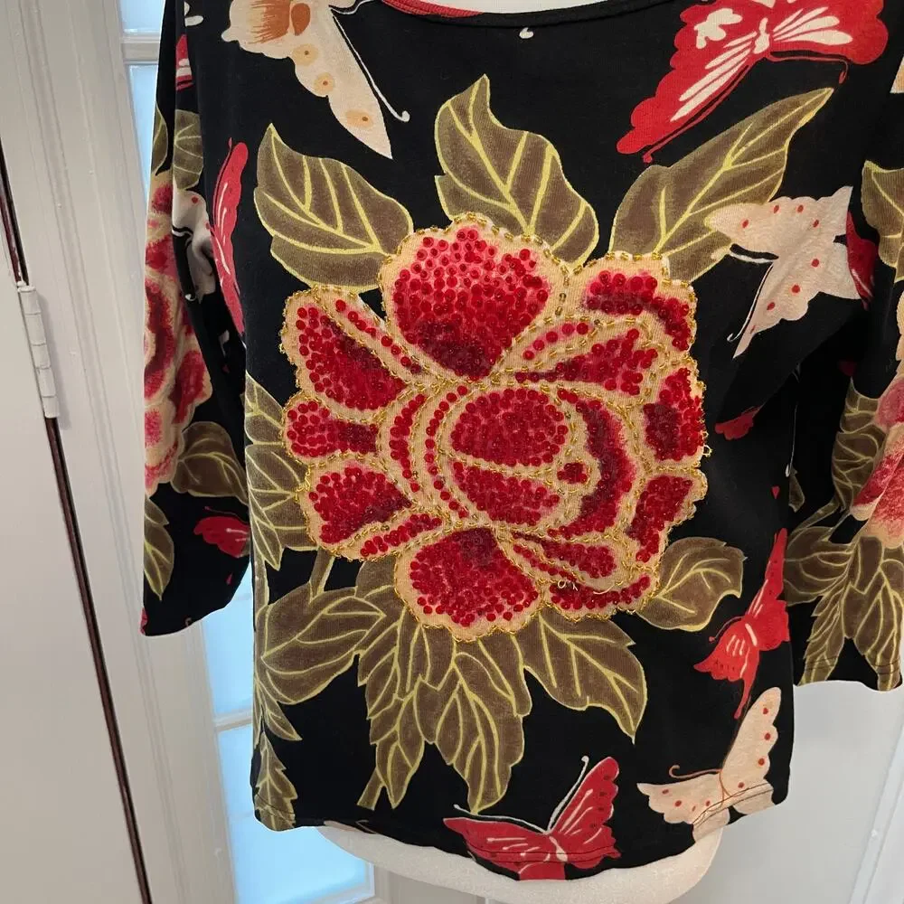 Nostalgia Black Sequin Floral Print Top Size Large Women's RN060508